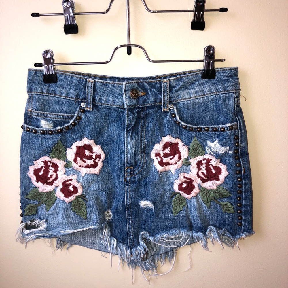 Free people embroidered and studded denim skirt